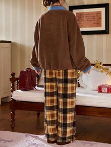 Gongdie Disney 2 Pieces Matching Couple Fleece Pajama Set For Women ,Winter Brown Thick Plush Loungewear Half-Placket Stand Collar Pocket - Coffee Brown - View 8