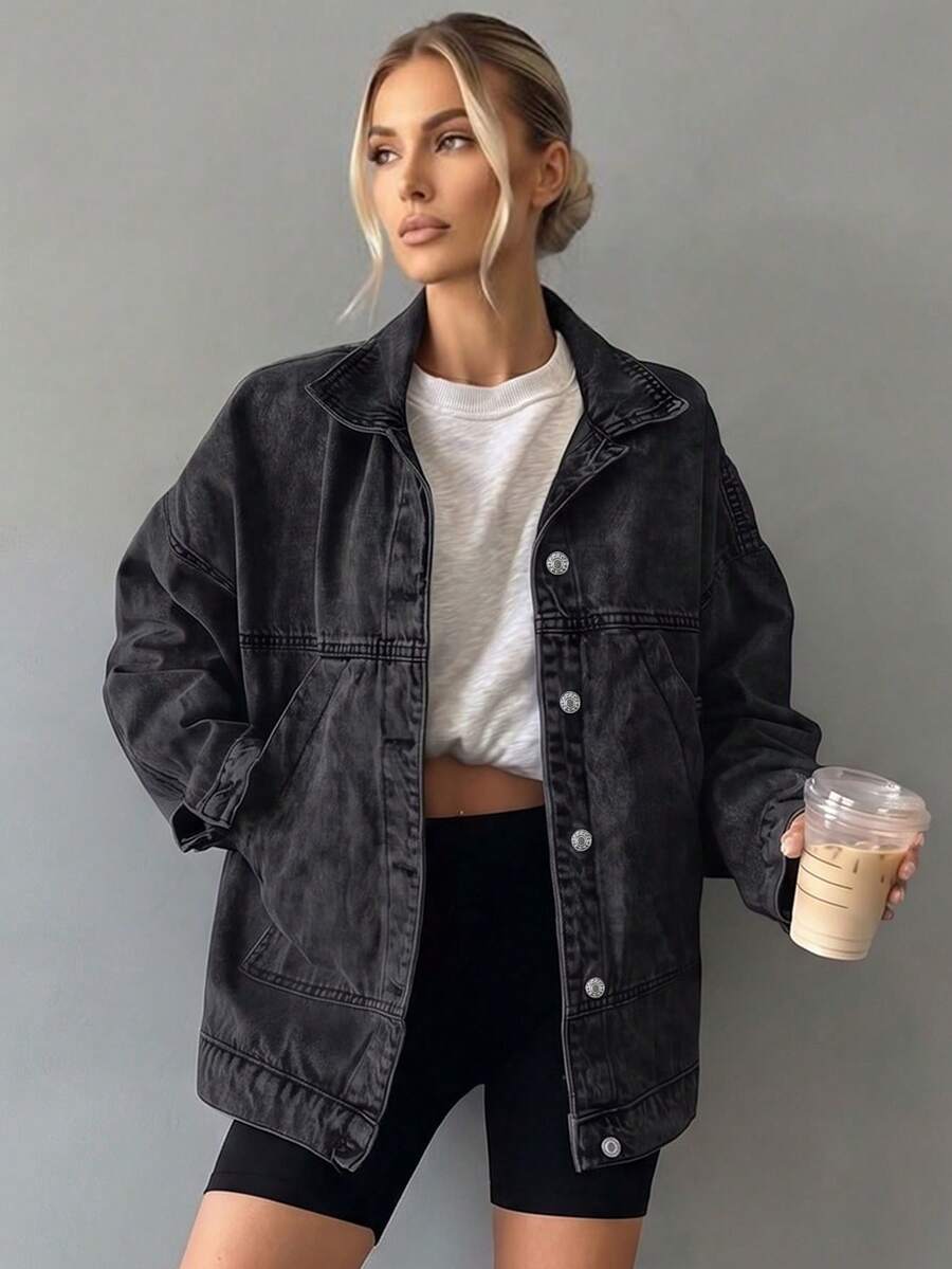 GILIPUR Women's Loose Washed Black Denim Jacket, Lapel Long Sleeve Button Front Loose Fit Streetwear Denim Coat With Pockets - Black - View 1