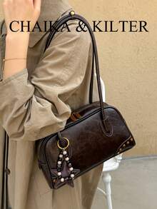 CHAIKA & KILTER 1件裝純色亮面PU布料女款時尚大容量保齡球包，雙手柄設計，拉鍊開合，適合日常與街頭使用（附吊飾） - 咖啡 - 查看 7