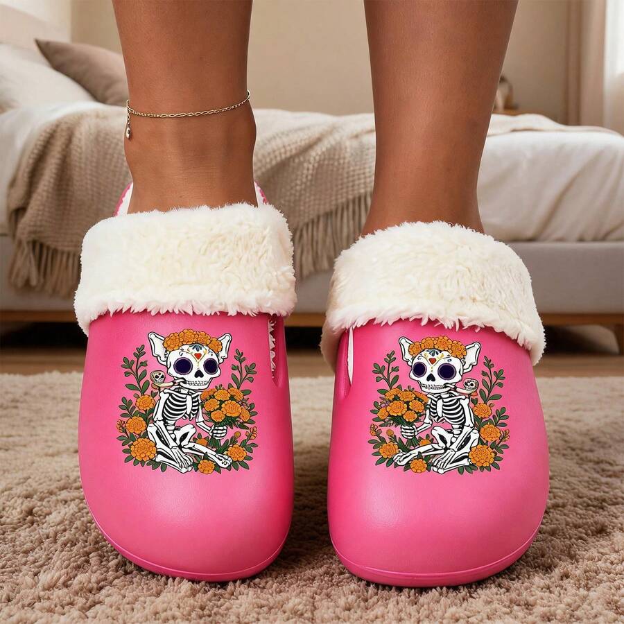 Pantuflas cerradas forradas para mujer, estampado esqueleto de chihuahua Día de Muertos con cempasúchil. Suela antideslizante, felpa suave, mantiene tus pies cálidos en casa - Rosa Fucsia - Ver 1