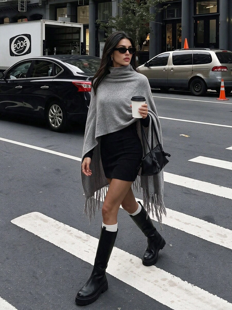 DONICY Women's Elegant Fall Turtleneck Fringe Knit Shawl, Loose Irregular Poncho Sweater - Grey - View 1