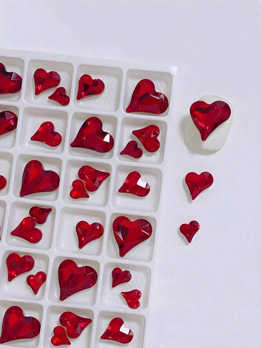 100/500Pcs/Pack K9 Twisted Heart Rhinestone Nail Art Decorations, Large/Medium/Small Sizes, Super Shiny Heart Rhinestone, Peach/White/Gradient Color Nail Supplies Nails Nail Charms Nail Gems - Red - View 1