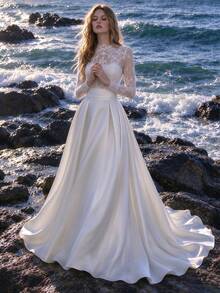White Wedding Dress With Lace Patchwork And Satin Skirt - White - View 3