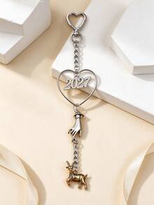 1pc Heart-Shaped Keychain With Rhinestone 2027 Number + Holding Hands Design + Zodiac Sheep Pendant Combination, Vintage Distressed Alloy Craft, Heart-Shaped Lobster Clasp Design, Suitable For Keys, Bags, Car Accessories. Sheep Year Commemorative Accessory, Exquisite Niche Atmosphere Jewelry, Suitable For Daily Wear, New Year, Birthday, Best Friend Gift, With Beautiful Meaning. - Multicolor - View 1