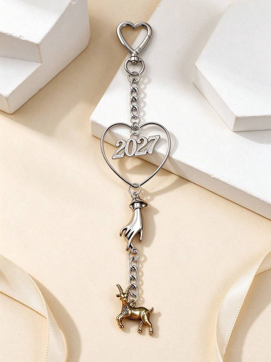 1pc Heart-Shaped Keychain With Rhinestone 2027 Number + Holding Hands Design + Zodiac Sheep Pendant Combination, Vintage Distressed Alloy Craft, Heart-Shaped Lobster Clasp Design, Suitable For Keys, Bags, Car Accessories. Sheep Year Commemorative Accessory, Exquisite Niche Atmosphere Jewelry, Suitable For Daily Wear, New Year, Birthday, Best Friend Gift, With Beautiful Meaning. - Multicolor - View 1