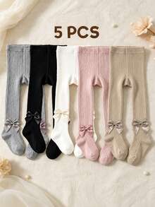 5 Pairs Bowknot Fine Vertical Striped Solid Color Candy Tights For Girls, Spring/Autumn Wear, Double Needle Kids Tights - Multicolor - View 1