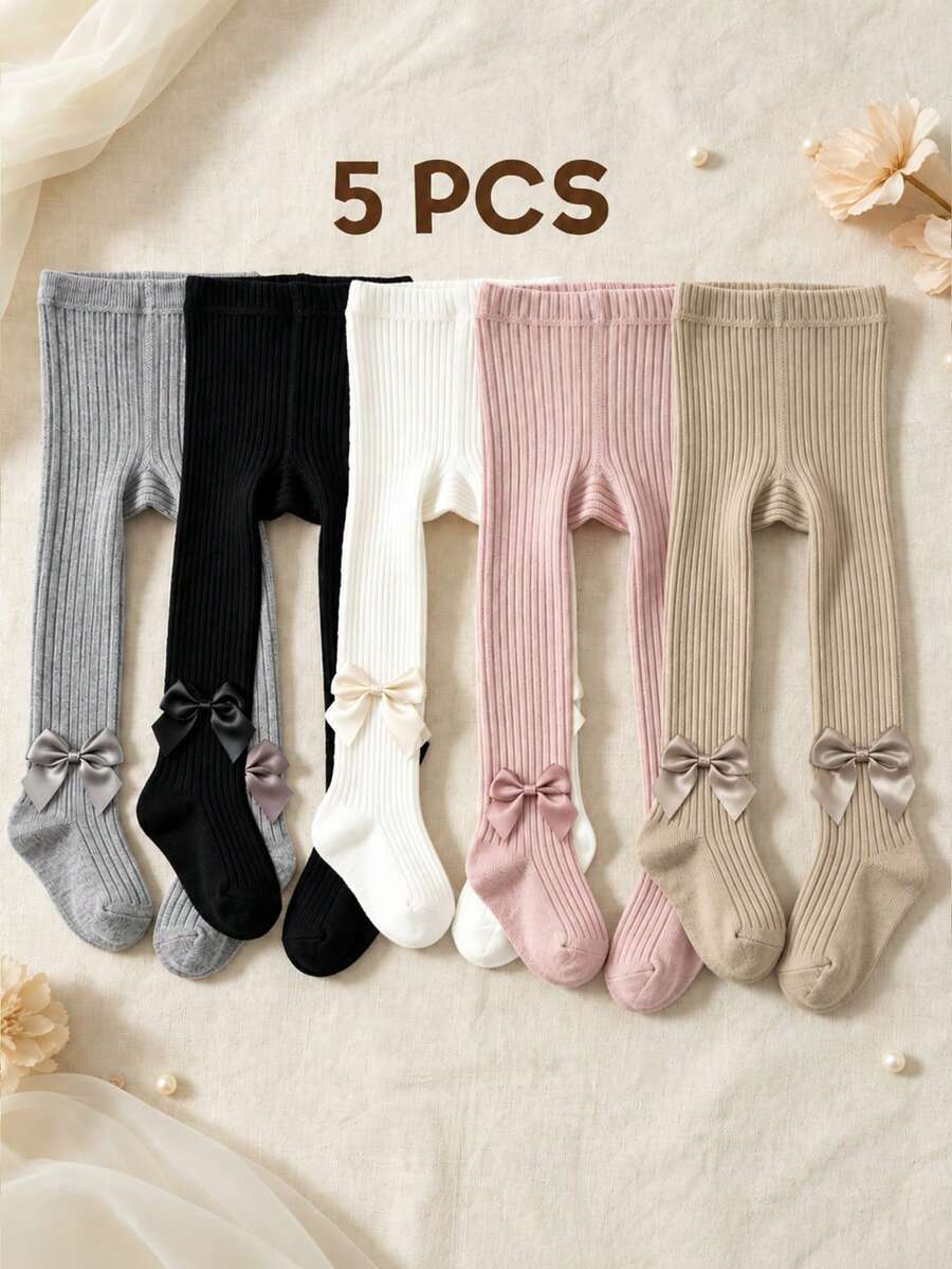 5 Pairs Bowknot Fine Vertical Striped Solid Color Candy Tights For Girls, Spring/Autumn Wear, Double Needle Kids Tights - Multicolor - View 1
