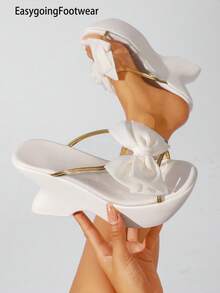 Cream White 3D Bow Open Toe Half-Slip Wedge Sandals, Summer Shoes, Unique Lightweight Heel, Gold Trim, Comfortable For Daily, Dating, Commuting - White - View 4