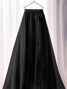 Plus Size Women's Solid Color Elegant Floral Lace/Ruffle Waist Tie Draped Maxi A-Line Skirt Black Summer - Black - View 4