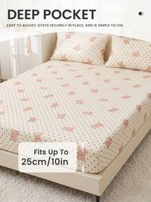 1pc Pink Bear Pattern Fitted Sheet Mattress Cover, Autumn Bedding, Soft Comfortable Warm Breathable, Machine Washable, Single/Double/Queen/King, All Season, Pillow And Pillowcase Not Included, Dorm Bedding, Bedroom Decor - Multicolor - View 5