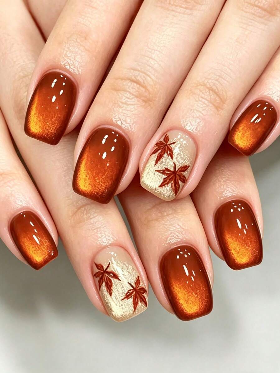 30pcs Short Square Autumn Theme Press-On Nails, Orange Amber Gradient ...