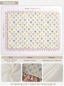 MEMNUN 1pc Tulip Orchid Floral Pattern Printed Tassel Tablecloth, Polyester Cotton Artistic Fresh Print Pattern Dining Table Cover, Suitable For Long Table, Round Table, Dining Table, Coffee Table, Picnic, Vanity Dust Cover - Multicolor - View 3