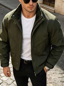 Men's American Vintage Workwear Jacket, Stand Collar, Zipper & Button Closure, Winter Thickened Wear-Resistant Multi-Pocket Coat - Army Green - View 2