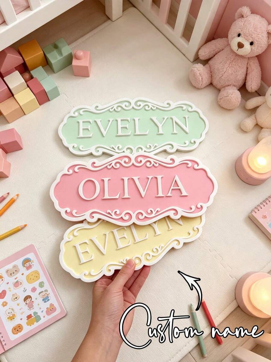1pc Personalized 3D Printed Name Plate, Vintage Style Customized Name Sign With Raised Letters And Decorative Border, Bedroom Door Wall, Desk Decor, Suitable For Girls, Girl And Family Birthday, Christmas, Baby Shower Gifts - Multicolor - View 1