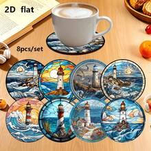 8pcs Ocean Style Beverage Coasters, Durable Non-Slip Heat-Resistant Table Mats. Classic Anchor And Lighthouse Design, Perfect For Daily Use, Home Decor, Office Decor And Holiday Gifts - View 2