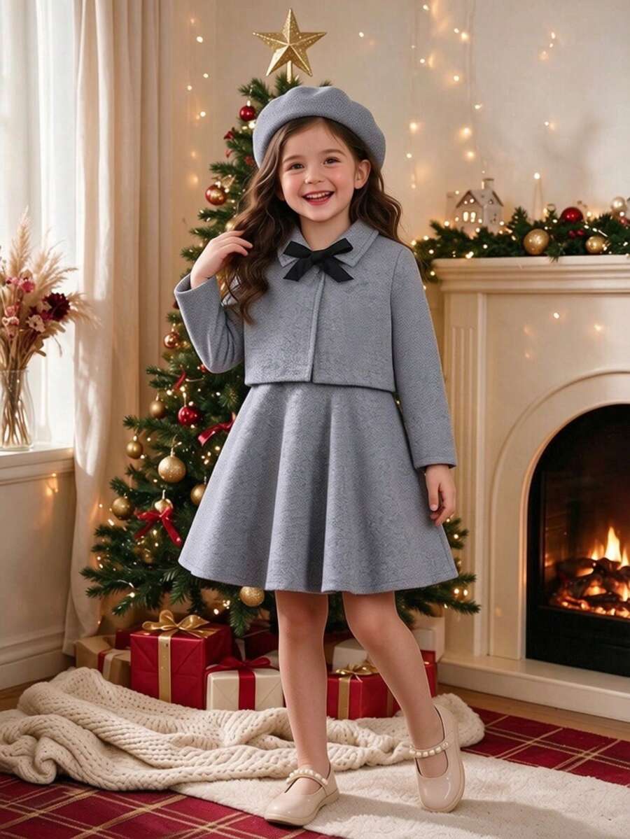 Young Girls Autumn/Winter Christmas Holiday Style Wool Short Jacket + Tank Dress 2 Pieces Set With Bow Beret - Grey - View 1