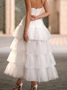 1PC White Multi-Layer Cake Tulle Skirt Panel, Detachable With Pins, Wedding Dress Overlay Skirt For Bridal Photoshoot Styling - Multicolor - View 2