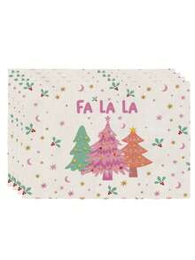 4Pcs Christmas Table Placemat FA LA LA Letter Colorful Christmas Tree Print Table Mat Holiday Decorative Table Linen For Home Kitchen Dining Party - Pink - View 12