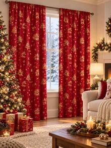 Red Gold Christmas Curtains 2 Panels, Gold Bell, Christmas Tree And Star Pattern, 90 X 210 Cm Each, 180 Cm Total Width, Rod Pocket Window Drapes For Bedroom, Living Room, Kitchen Seasonal Decor - B - View 4