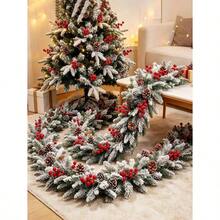 Extra-long artificial Norfolk pine garland for Christmas, featuring dense and realistic foliage adorned with artificial pine cones and red berries. Ideal for Christmas staircase handrails, entrance hall walkways, window frame edges, fireplace mantels - Multicolor - Ver 2