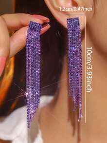 1 Pair Rhinestone Encrusted Long Tassel Earrings, Versatile For Daily Wear - Purple-flat - View 4