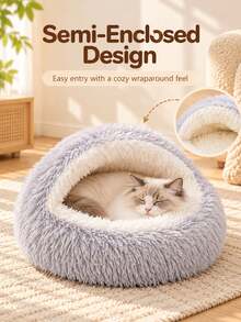 Winter Shell-Shaped Pet Bed, Suitable For Cats And Small Dogs, Semi-Enclosed Round Cat Nest, Long Faux Fur, Soft Cream Lining, Non-Slip Dotted Bottom, Comfortable Indoor Sleeping Nest, Suitable For Bedroom, Living Room And Pet Corner Daily Use - Multicolor - View 3