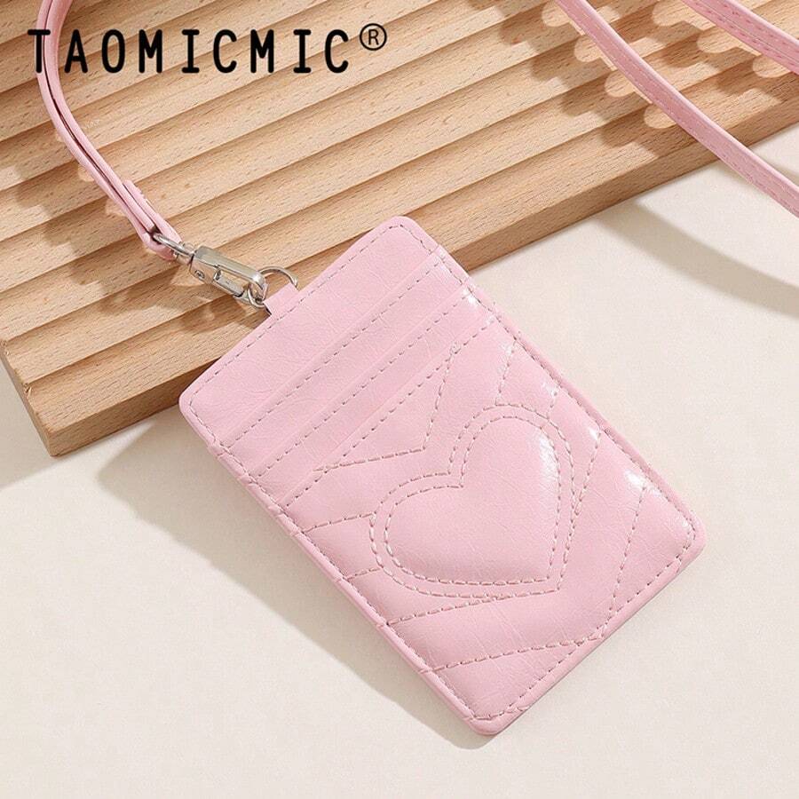 Women's Sweet Heart Quilted Card Holder, Lanyard ID Card Holder, PU Portable Credit Card And Badge Holder, Suitable For Office And School