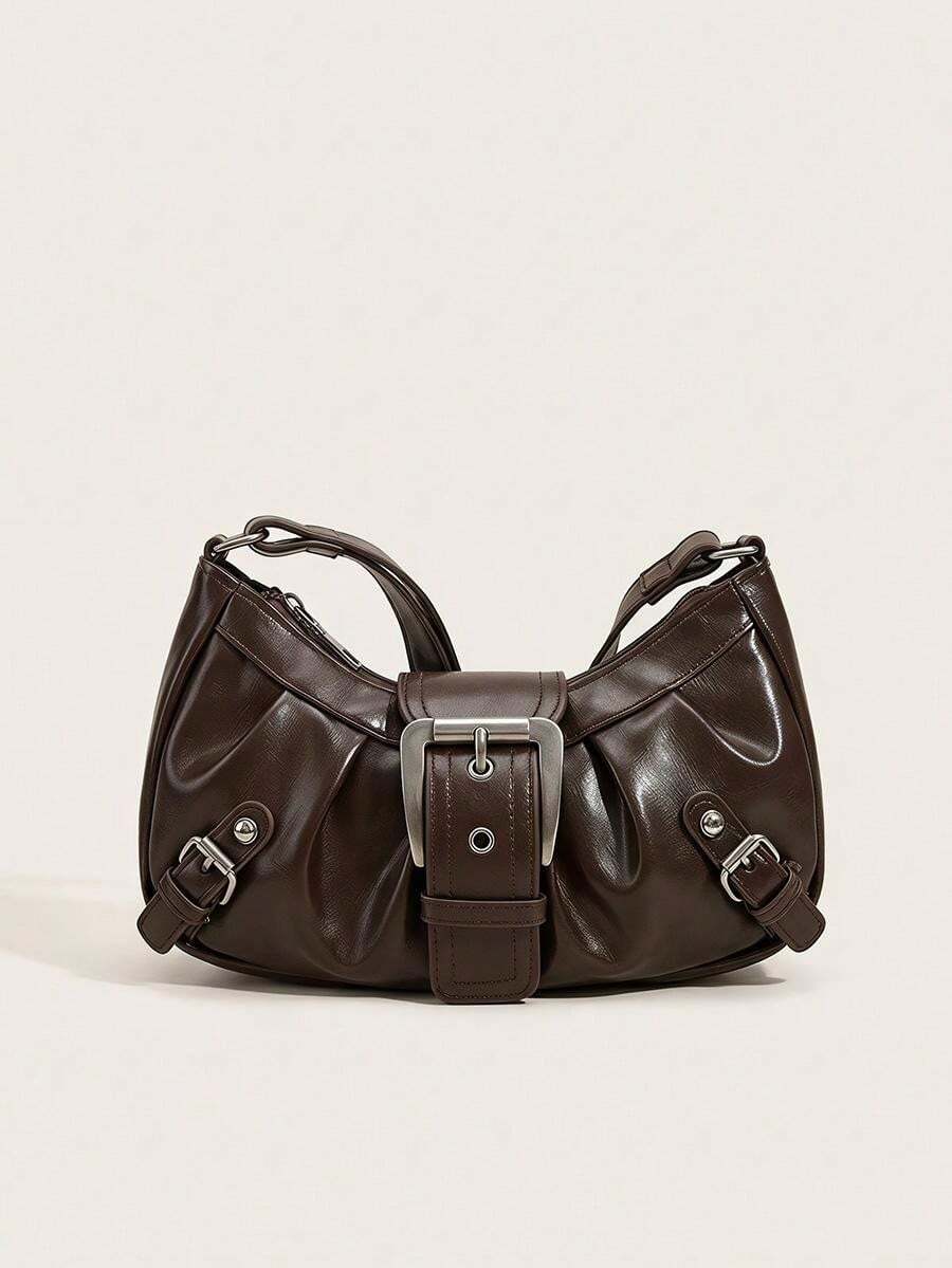 SHEIN ICON 女款復古龐克鉚釘漸層仿皮肩背包,配可調節肩帶,適合上班、通勤、約會與派對 - 咖啡 - 查看 1