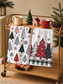 2PCS Kitchen Towels, Christmas Hand-Drawn Simple Christmas Tree Pattern Kitchen Towels Dish Cloths, 40*60cm Rectangular Microfiber Cleaning Kitchen Towels, Perfect For Kitchen, Dining Room And Bathroom Use, Christmas Kitchen Decor, Home Decor, Neighbor Housewarming Gift, Dish Cloth - White - View 6