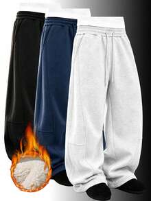 Men's Elastic Waist Drawstring Wide Leg Patchwork Side Seam Light Gray Lamb Fleece Lined Sweatpants Street Casual Daily Wear Autumn/Winter - Light Grey - View 1