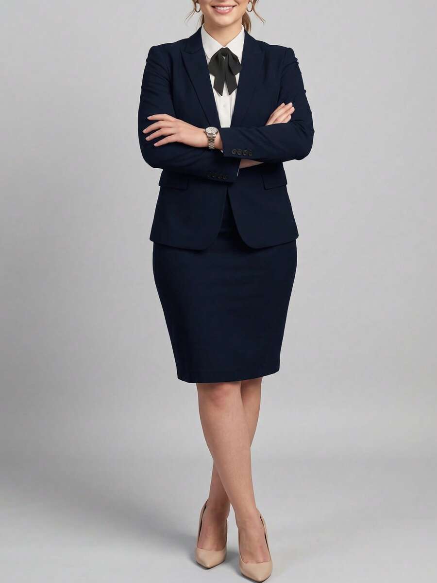 Women's Elegant Navy Blue Suit Set For Autumn/Winter, Includes Pointed Collar Blazer And Pencil Skirt With Back Zipper For Easy On/Off, Suitable For Office Wear - Navy Blue - View 1