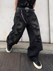Infinite Jeans Men's Distressed Wide Leg Street Casual Loose Fit Plus Size Denim Jeans Long Pants, Product Does Not Include Belt And Accessories - Black - View 1