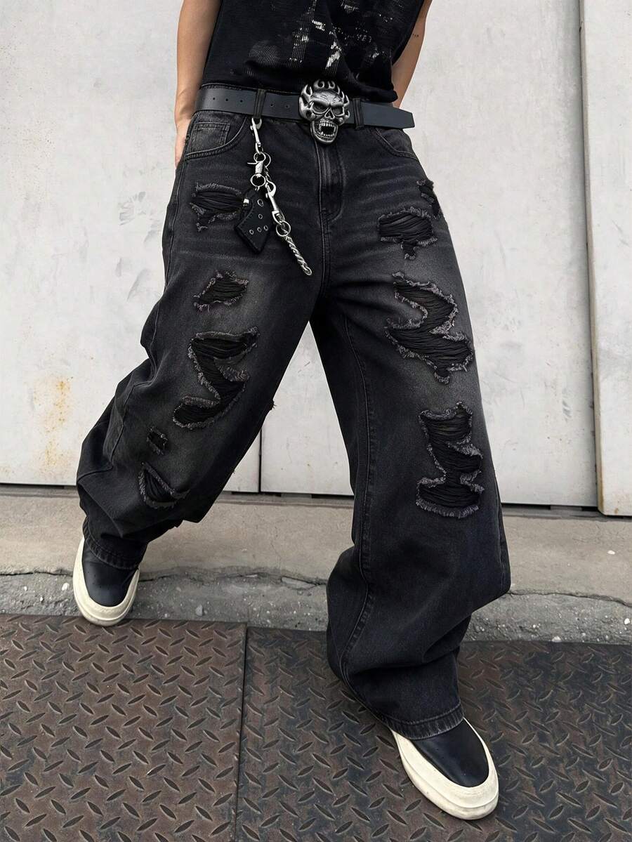 Infinite Jeans Men's Distressed Wide Leg Street Casual Loose Fit Plus Size Denim Jeans Long Pants, Product Does Not Include Belt And Accessories - Black - View 1