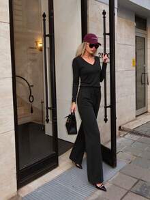 Women Elegant Fall Winter Ribbed Knit Two Pieces Set Henley Neck Long Sleeve Top Drawstring Wide Leg Pants Casual Loungewear Homewear Daily Outfit - Black - View 1