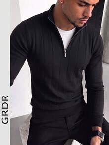 GRDR Men's Autumn/Winter Casual Long Sleeve Half-Zip Sweater, Versatile Daily Wear Knit Sweater - Black - View 5