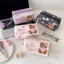 1Pc Checkered Bear Printed Large Capacity Makeup Bag,Makeup Storage Bag,Waterproof Wash Bag,Portable Travel Makeup Bag,Cosmetic Bag,Make Up Bag - Multicolor - View 3