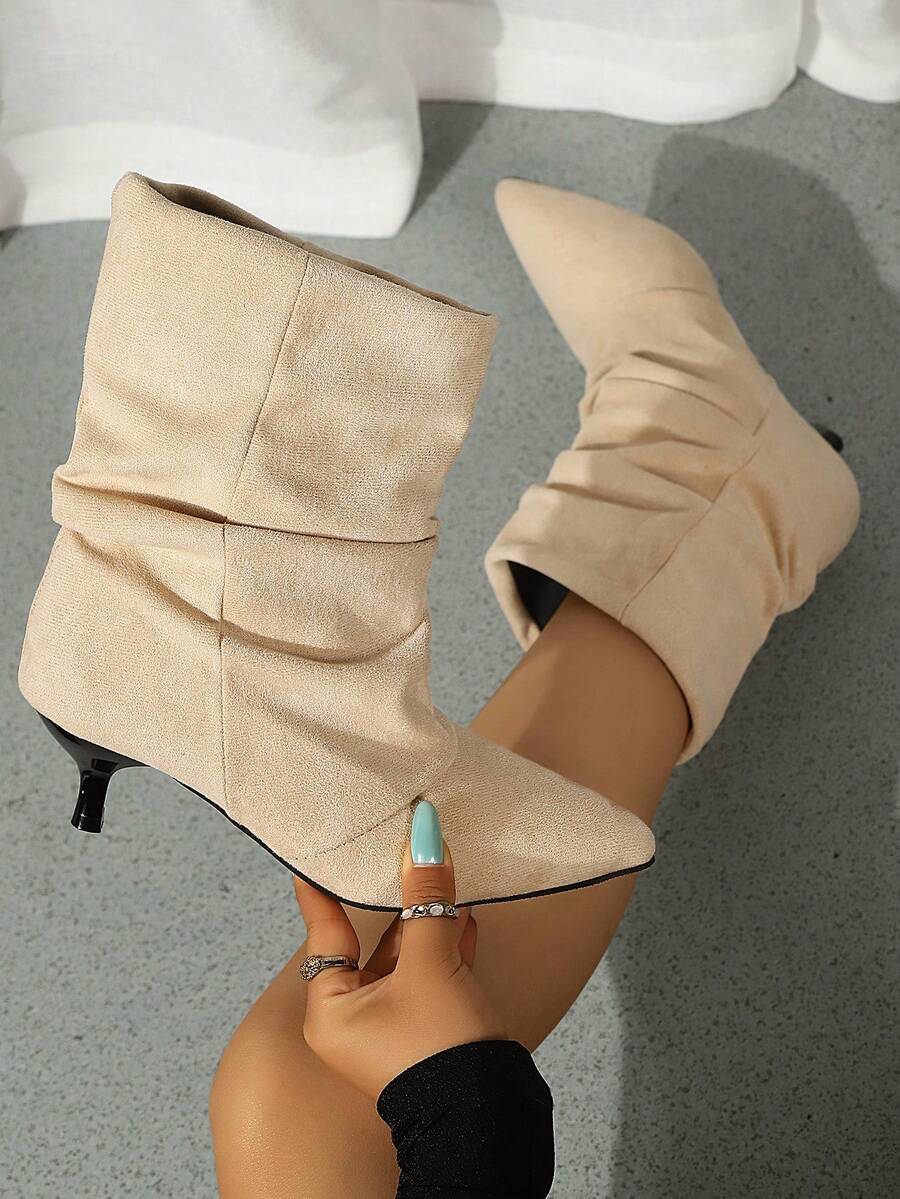 Women's Slouchy Kitten Heel Boots Suede Pointed Toe Ruched Booties For Work Party - Beige - View 1