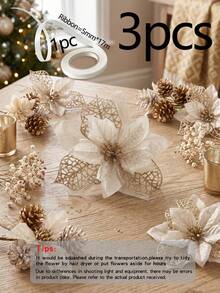 1pc/5pcs/8pcs/12pcs Artificial Christmas Flower Clips, Glitter Christmas Large Leaf Flower Hanging Decor Set, Shiny Christmas Flower Decoration, Suitable For Christmas Tree, Holiday Wreath And Home Decor Christmas Gift - Gold - View 13