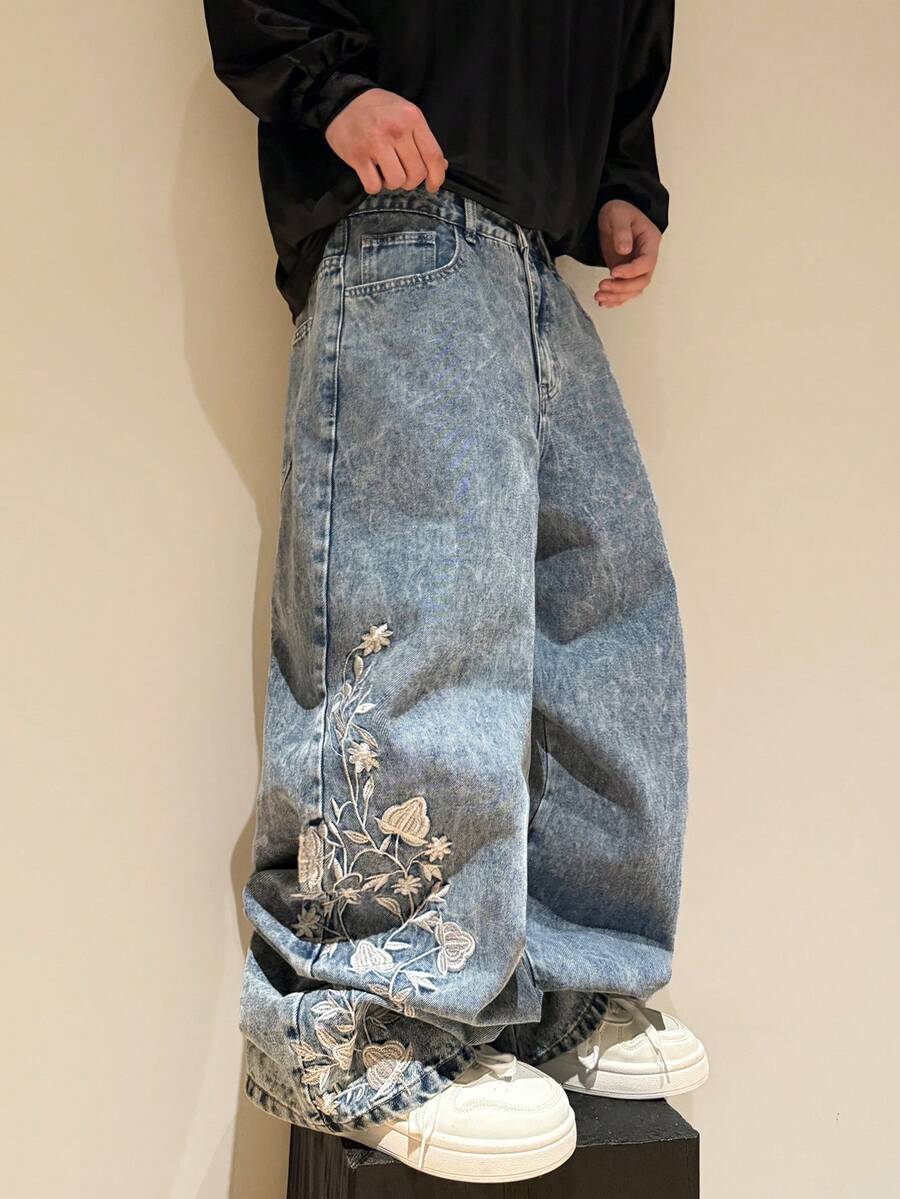 Justice Brother 1pc Korean Street Style Personalized Embroidered Men's Denim Jeans, Design Loose Wide Leg Pants, All-Season Fashion Versatile Long Trousers (Belt/Accessories Not Included) - Blue - View 1