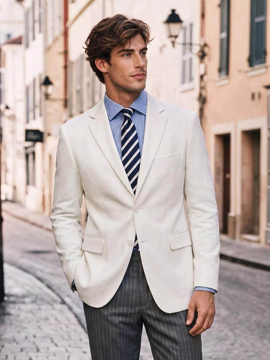Men's Solid White Slim Fit Blazer, Long Sleeve Formal Business Suit Jacket For Office Wedding Daily Wear - White - View 1