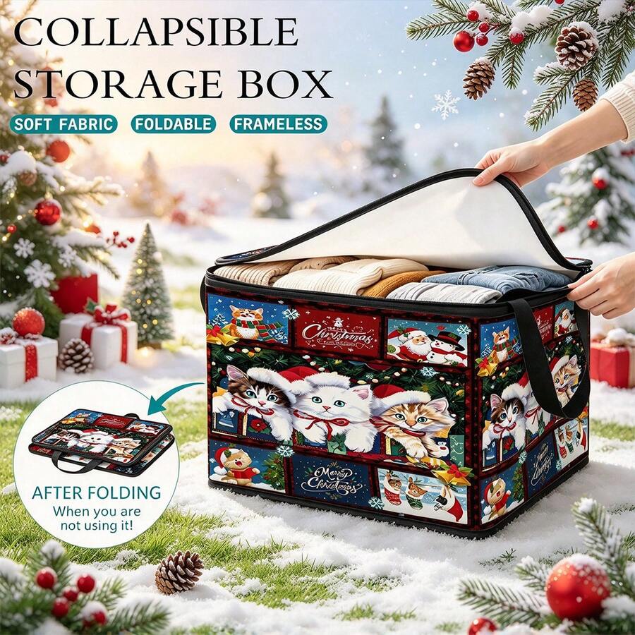 1pc 2D Flat Foldable Zipper Storage Box, Christmas Cute Cat Full Print Pattern, Storage For Clothes, Bedding, Toys, Holiday Items, Suitable For Under Bed, Wardrobe And Moving Packing, Zipper Sealed Firmly, Reinforced Weight-Bearing Handles, Living Room Storage Basket, Store Dormitory Seasonal Bedding, Books