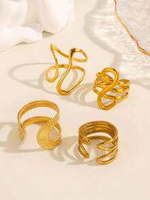 4pcs Stainless Steel 18K Gold Plated Hip Hop Geometric Line Open Ring Set, Suitable For Women's Daily And Party Wear - Multicolor - View 4