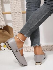 Women's Pointed Toe Mary Jane Flat Shoes, One-Strap Metal Buckle Low Chunky Heel, Elegant Faux Leather With Rhinestone Heel Dress Shoes - Grey - View 8