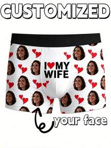 1pc Men's Customized Photo Personalized Romantic Style Briefs, Suitable For Anniversary, Valentine's Day Or Sweet Gift For Husband - White - View 1