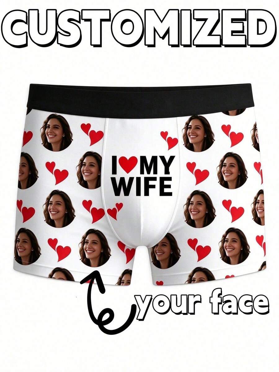 1pc Men's Customized Photo Personalized Romantic Style Briefs, Suitable For Anniversary, Valentine's Day Or Sweet Gift For Husband - White - View 1
