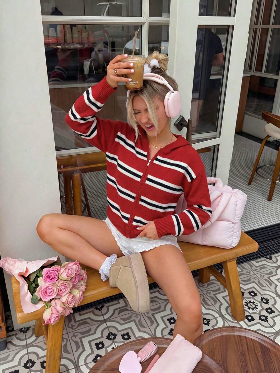 Women's Red Striped Knit Cardigan With Zipper And Hood, Long Sleeve Regular Length Medium Stretch Sweater, Suitable For Autumn/Winter, Preppy Style - Multicolor - View 1