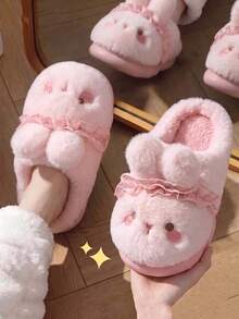 Cute Cartoon Rabbit Plush Slippers Women Winter Thick Sole Comfortable Thermal Lined Warm Home Fuzzy Slippers - Pink - View 5