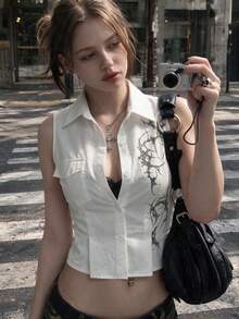 Women's White Sleeveless Cropped Shirt - Collared Button-Up Top With Black Embroidery, Gothic Punk Style, Suitable For Summer Casual Street, Y2K Punk Performance, Spring Daily Wear, Unique Alternative Top - White - View 3