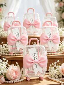 36/18/3 Pcs Clear Mini Suitcase Gift Boxes With Pink Bows And "Thank You" Tags, For Wedding Guest Favors, Table Settings, Centerpieces, Wedding Party Packaging, Afternoon Tea Party Gifts & Holiday Event Packaging - Multicolor - View 6
