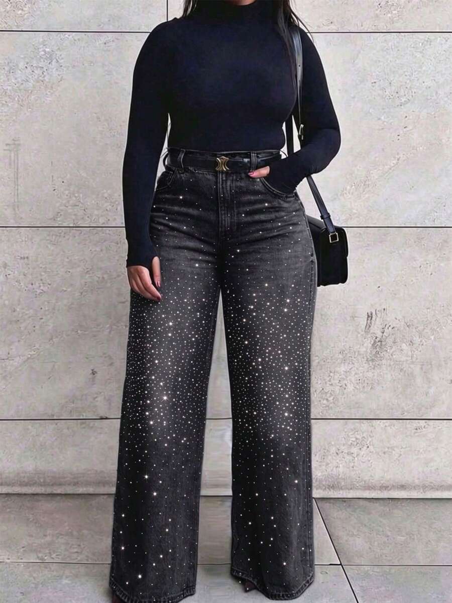 Plus Size Women's Vintage Casual Loose Straight Leg Denim Jeans - Dark Grey - View 1